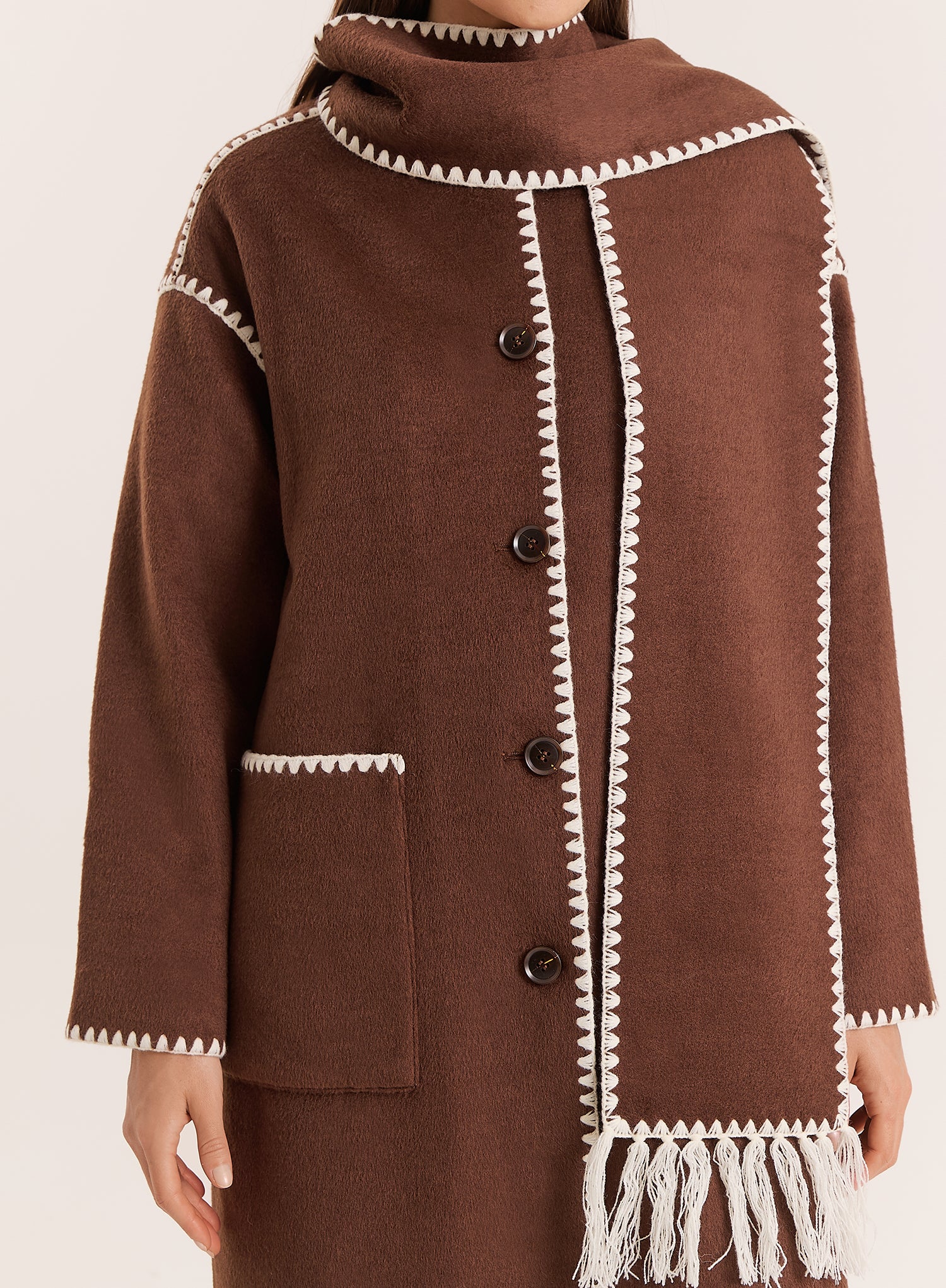 Chocolate Contrast Stitch Longline Scarf Coat